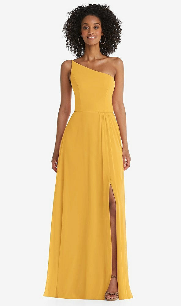 Front View - NYC Yellow One-Shoulder Chiffon Maxi Dress with Shirred Front Slit