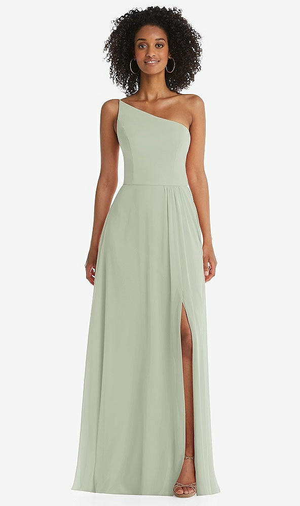 Front View - Celadon One-Shoulder Chiffon Maxi Dress with Shirred Front Slit