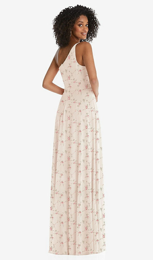 Back View - Coquette Floral Print One-Shoulder Chiffon Maxi Dress with Shirred Front Slit