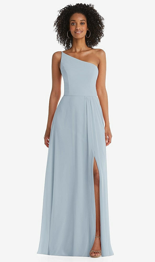 Front View - Mist One-Shoulder Chiffon Maxi Dress with Shirred Front Slit