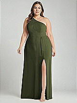 Alt View 1 Thumbnail - Olive Green One-Shoulder Chiffon Maxi Dress with Shirred Front Slit