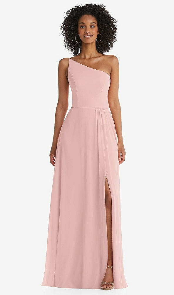 Front View - Rose - PANTONE Rose Quartz One-Shoulder Chiffon Maxi Dress with Shirred Front Slit