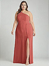 Alt View 1 Thumbnail - Coral Pink One-Shoulder Chiffon Maxi Dress with Shirred Front Slit