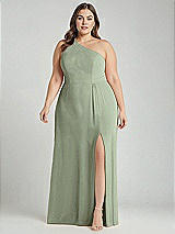 Alt View 1 Thumbnail - Sage One-Shoulder Chiffon Maxi Dress with Shirred Front Slit