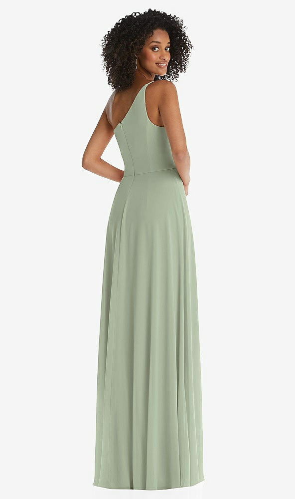 Back View - Sage One-Shoulder Chiffon Maxi Dress with Shirred Front Slit