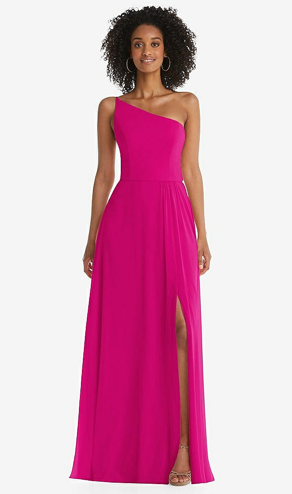 Front View - Think Pink One-Shoulder Chiffon Maxi Dress with Shirred Front Slit