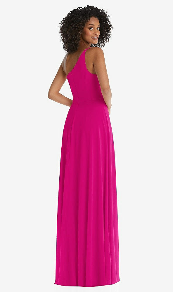 Back View - Think Pink One-Shoulder Chiffon Maxi Dress with Shirred Front Slit