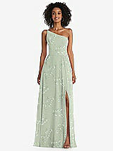 Front View Thumbnail - Vintage Primrose Sage One-Shoulder Chiffon Maxi Dress with Shirred Front Slit