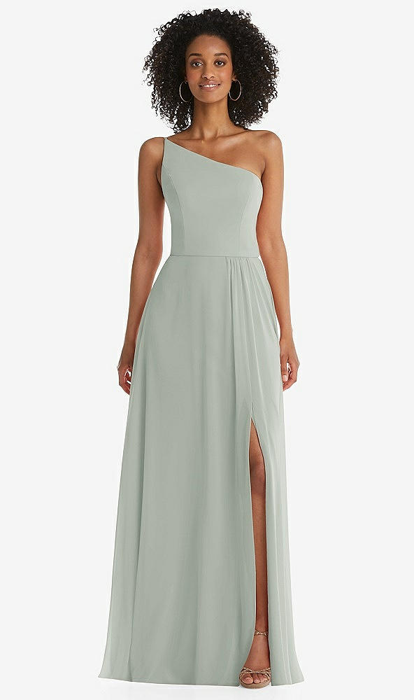 Front View - Willow Green One-Shoulder Chiffon Maxi Dress with Shirred Front Slit