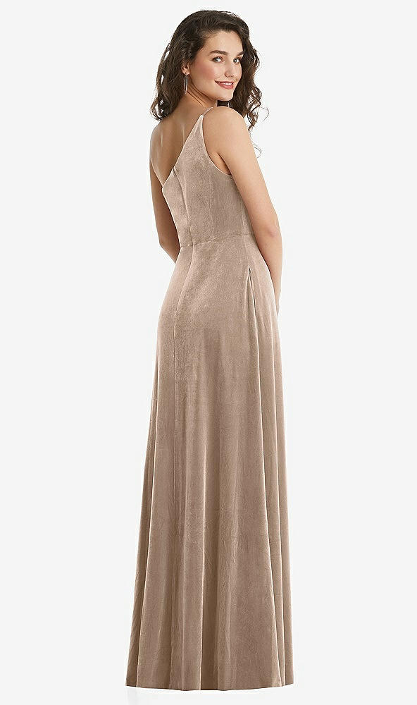 Back View - Topaz One-Shoulder Spaghetti Strap Velvet Maxi Dress with Pockets