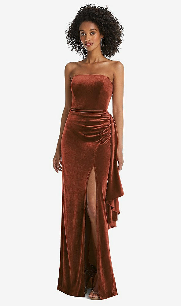 Front View - Auburn Moon Strapless Velvet Maxi Dress with Draped Cascade Skirt