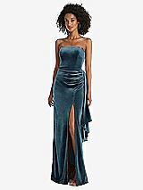 Front View Thumbnail - Dutch Blue Strapless Velvet Maxi Dress with Draped Cascade Skirt