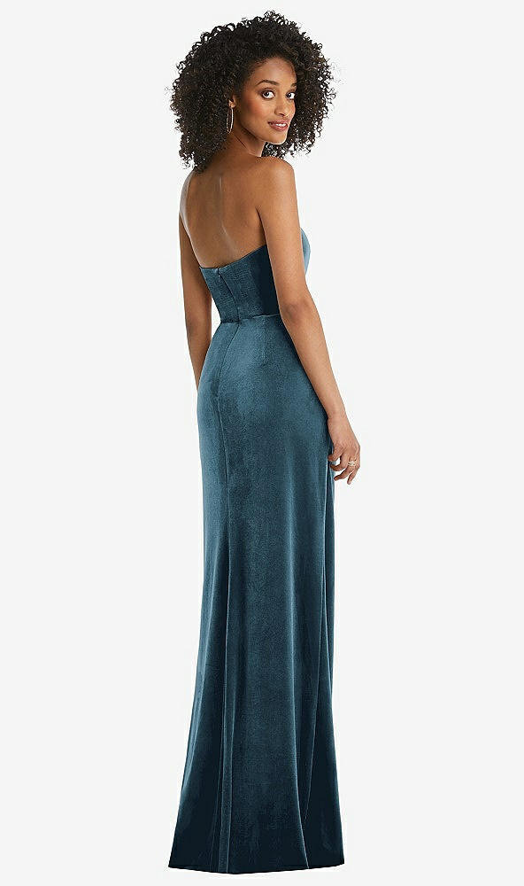 Back View - Dutch Blue Strapless Velvet Maxi Dress with Draped Cascade Skirt