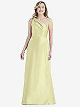 Front View Thumbnail - Butter Yellow Pleated Draped One-Shoulder Satin Maxi Dress with Pockets