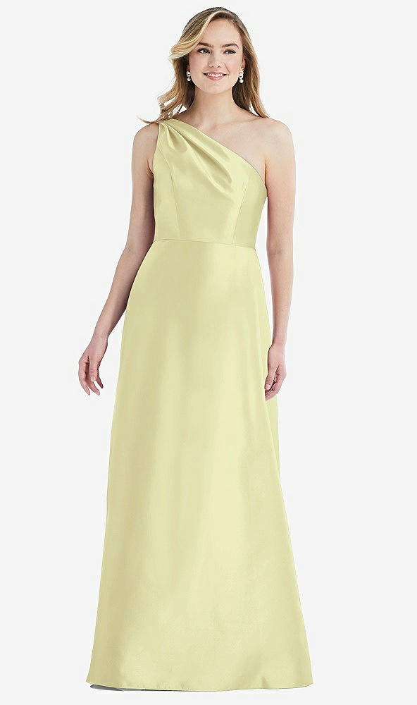 Front View - Butter Yellow Pleated Draped One-Shoulder Satin Maxi Dress with Pockets