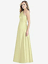 Side View Thumbnail - Butter Yellow Pleated Draped One-Shoulder Satin Maxi Dress with Pockets