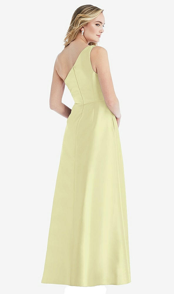 Back View - Butter Yellow Pleated Draped One-Shoulder Satin Maxi Dress with Pockets