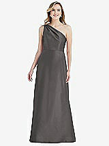 Front View Thumbnail - Caviar Gray Pleated Draped One-Shoulder Satin Maxi Dress with Pockets