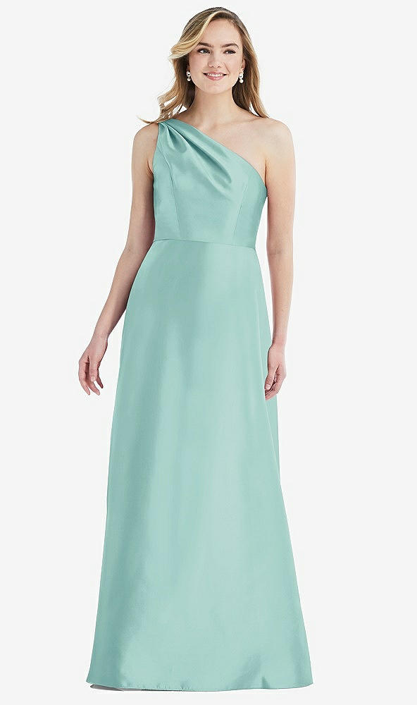 Front View - Coastal Pleated Draped One-Shoulder Satin Maxi Dress with Pockets