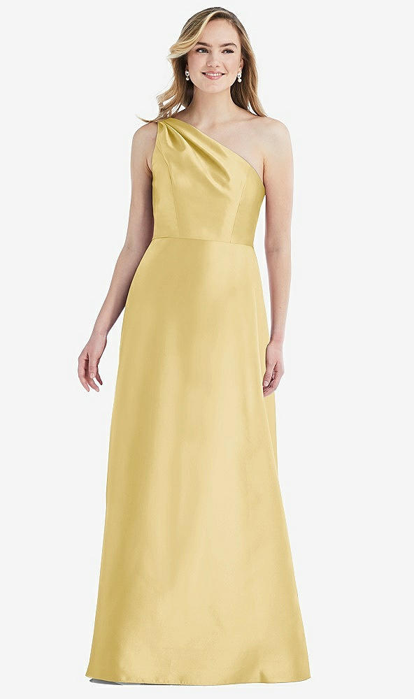 Front View - Maize Pleated Draped One-Shoulder Satin Maxi Dress with Pockets