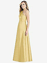 Side View Thumbnail - Maize Pleated Draped One-Shoulder Satin Maxi Dress with Pockets