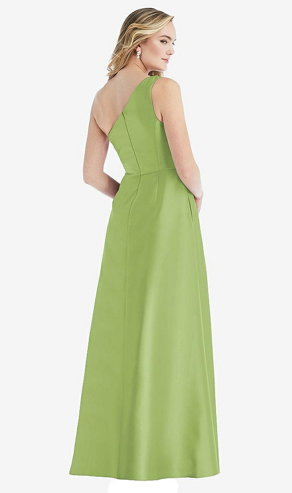 Back View - Mojito Pleated Draped One-Shoulder Satin Maxi Dress with Pockets