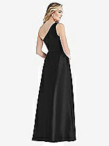 Rear View Thumbnail - Black Pleated Draped One-Shoulder Satin Maxi Dress with Pockets