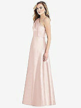 Side View Thumbnail - Blush Pleated Draped One-Shoulder Satin Maxi Dress with Pockets