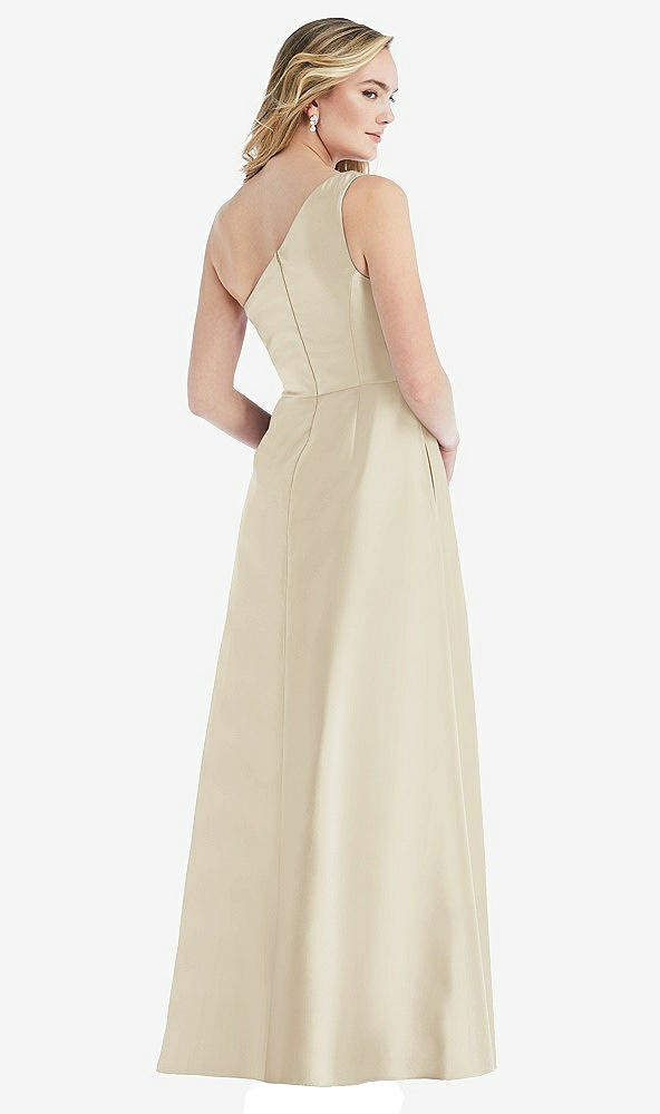 Back View - Champagne Pleated Draped One-Shoulder Satin Maxi Dress with Pockets