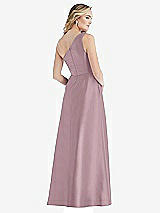 Rear View Thumbnail - Dusty Rose Pleated Draped One-Shoulder Satin Maxi Dress with Pockets