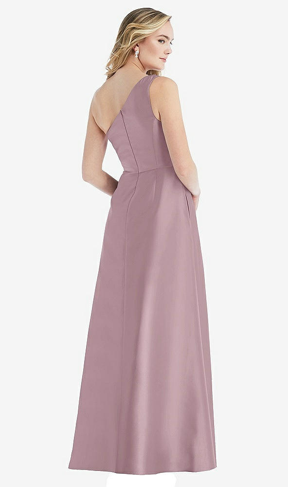 Back View - Dusty Rose Pleated Draped One-Shoulder Satin Maxi Dress with Pockets