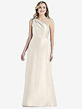 Front View Thumbnail - Ivory Pleated Draped One-Shoulder Satin Maxi Dress with Pockets