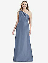 Front View Thumbnail - Larkspur Blue Pleated Draped One-Shoulder Satin Maxi Dress with Pockets