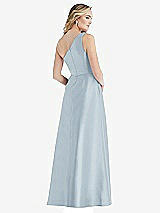 Rear View Thumbnail - Mist Pleated Draped One-Shoulder Satin Maxi Dress with Pockets