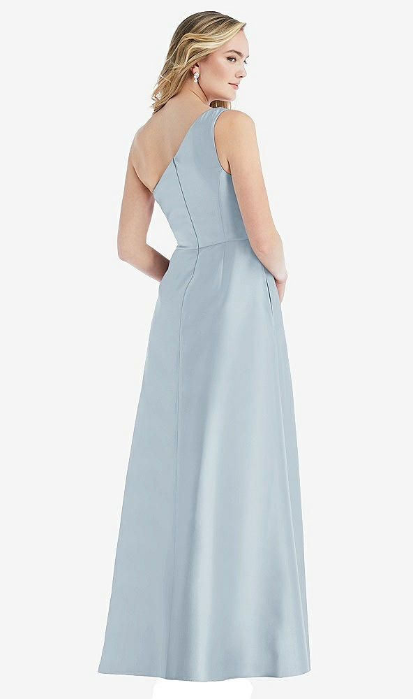 Back View - Mist Pleated Draped One-Shoulder Satin Maxi Dress with Pockets