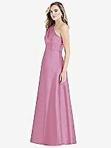 Side View Thumbnail - Powder Pink Pleated Draped One-Shoulder Satin Maxi Dress with Pockets