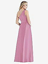 Rear View Thumbnail - Powder Pink Pleated Draped One-Shoulder Satin Maxi Dress with Pockets