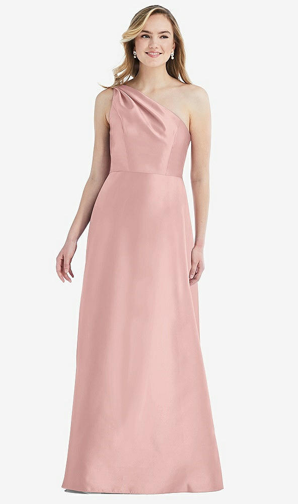 Front View - Rose - PANTONE Rose Quartz Pleated Draped One-Shoulder Satin Maxi Dress with Pockets