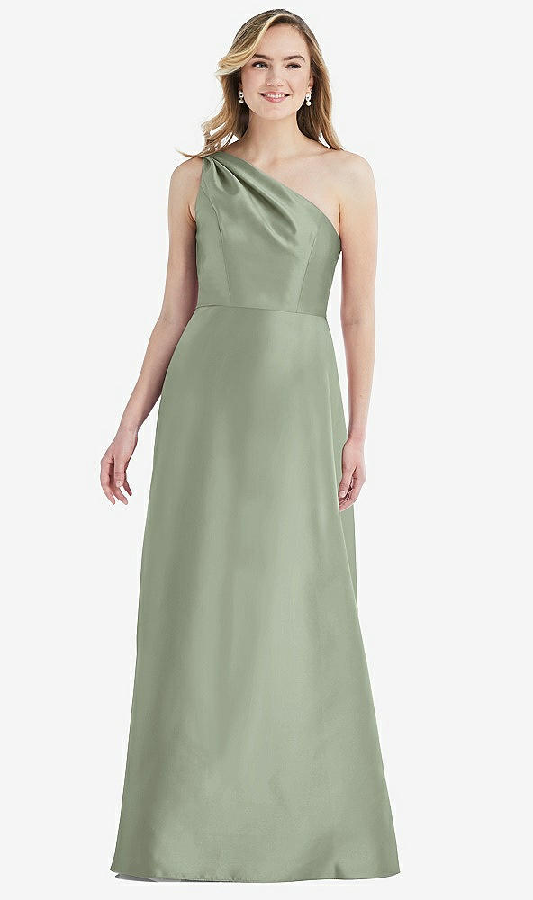 Front View - Sage Pleated Draped One-Shoulder Satin Maxi Dress with Pockets