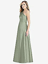 Side View Thumbnail - Sage Pleated Draped One-Shoulder Satin Maxi Dress with Pockets