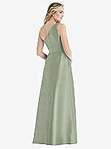 Rear View Thumbnail - Sage Pleated Draped One-Shoulder Satin Maxi Dress with Pockets