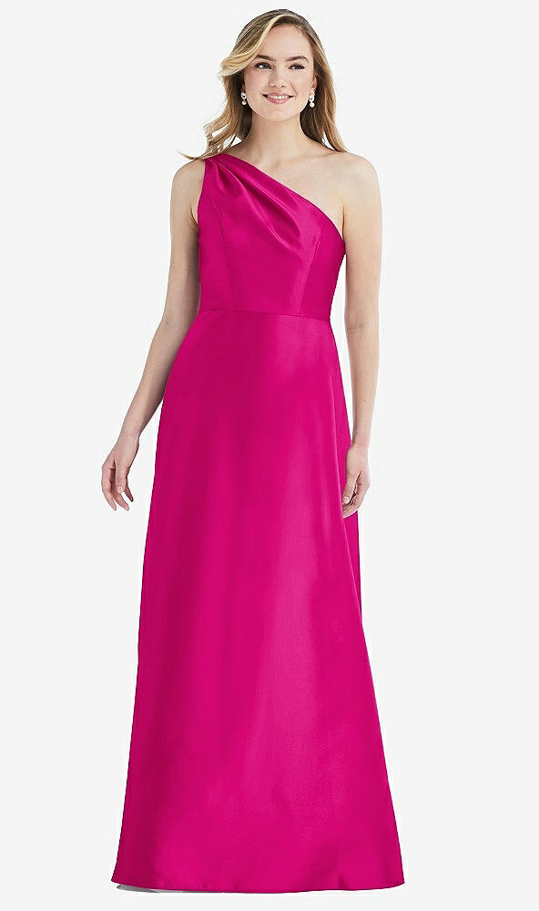 Front View - Think Pink Pleated Draped One-Shoulder Satin Maxi Dress with Pockets