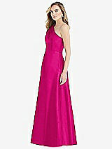 Side View Thumbnail - Think Pink Pleated Draped One-Shoulder Satin Maxi Dress with Pockets