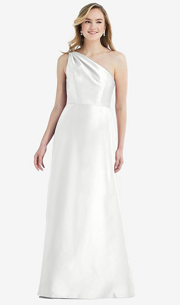 Front View - White Pleated Draped One-Shoulder Satin Maxi Dress with Pockets