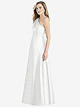 Side View Thumbnail - White Pleated Draped One-Shoulder Satin Maxi Dress with Pockets