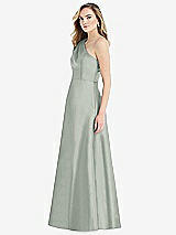 Side View Thumbnail - Willow Green Pleated Draped One-Shoulder Satin Maxi Dress with Pockets