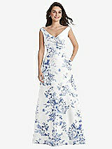 Front View Thumbnail - Cottage Rose Larkspur Off-the-Shoulder Draped Wrap Floral Satin Maxi Dress