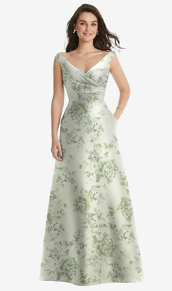 Front View - Sage Cottage Rose Off-the-Shoulder Draped Wrap Floral Satin Maxi Dress