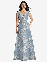 Front View Thumbnail - Porcelain Blue Seraphina Floral Off-the-Shoulder Draped Wrap Floral Satin Maxi Dress