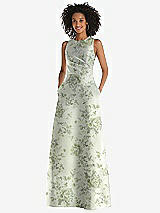 Front View Thumbnail - Sage Cottage Rose Jewel Neck Asymmetrical Shirred Bodice Floral Satin Maxi Dress